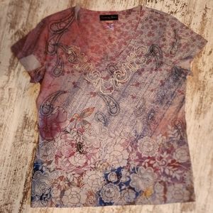 V-neck Tee Ladies size XL Batik and Screenprint western / boho design